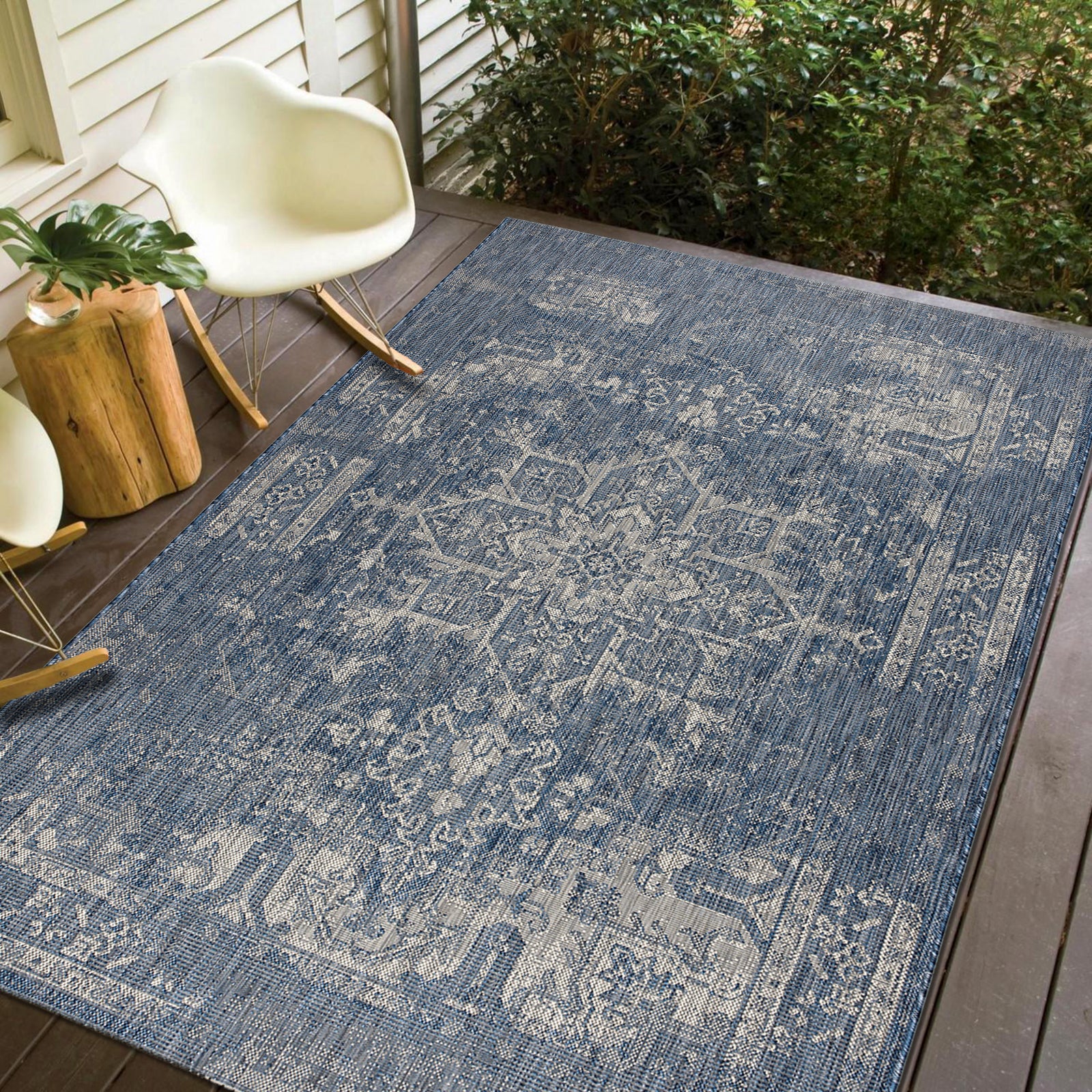 Revere Transitional Navy Blue Azure Distressed Indoor/Outdoor Rug