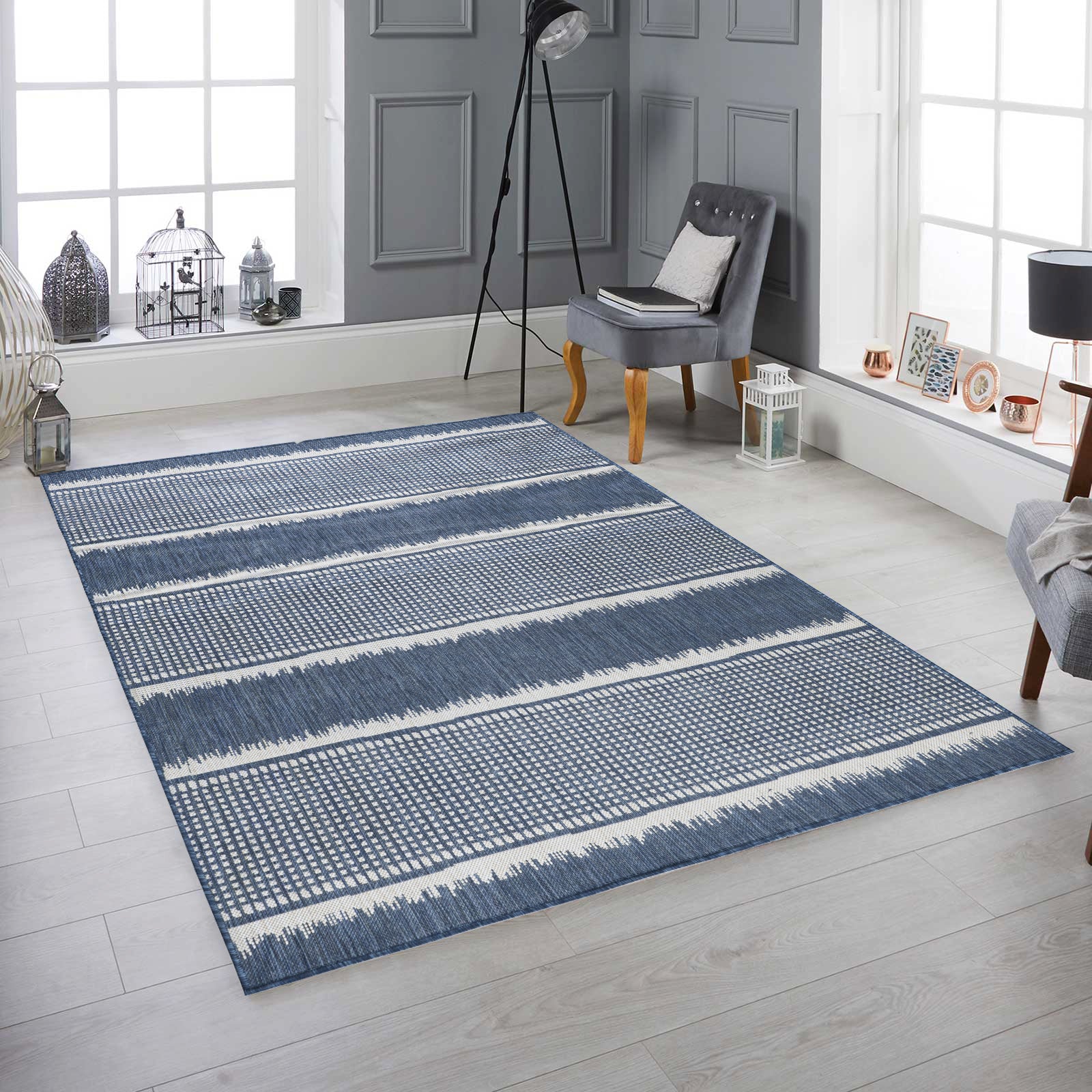 Revere Blue White Stripes Distressed Indoor/Outdoor Patio Rug