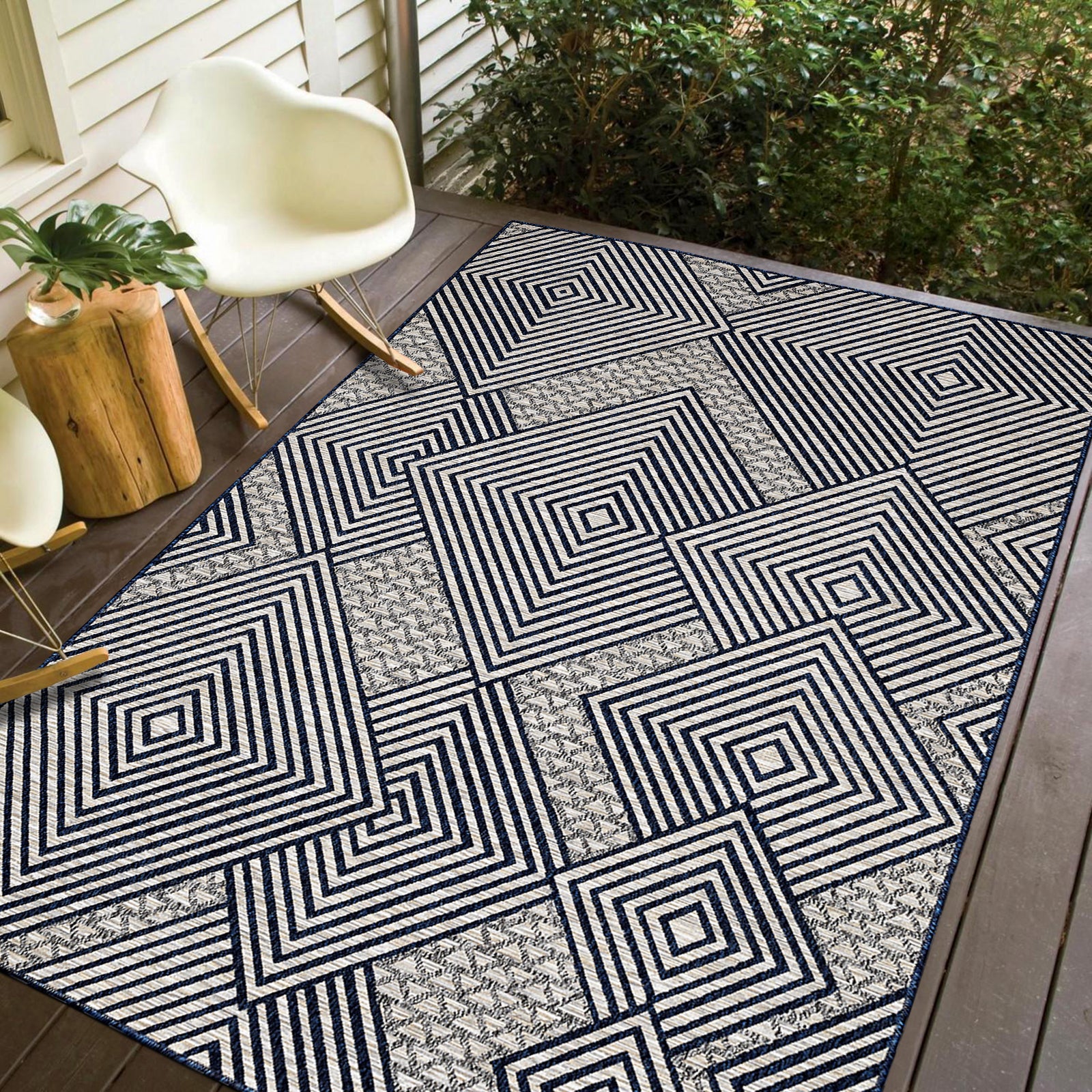 Easy Rugs Knox Modern Geometric Navy Blue Grey Indoor Outdoor Rug