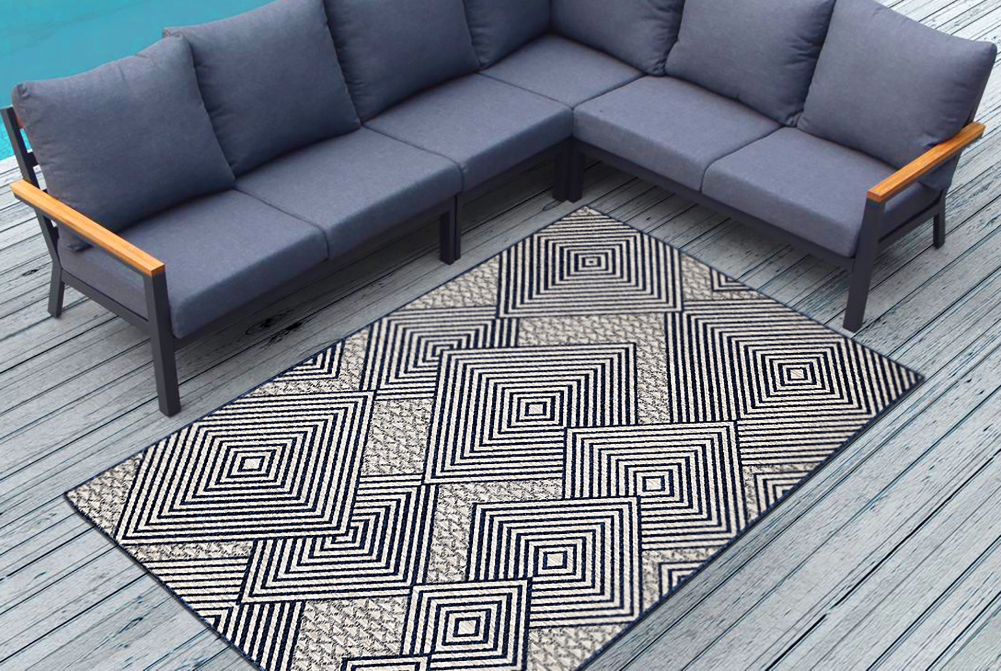 Easy Rugs Knox Modern Geometric Navy Blue Grey Indoor Outdoor Rug