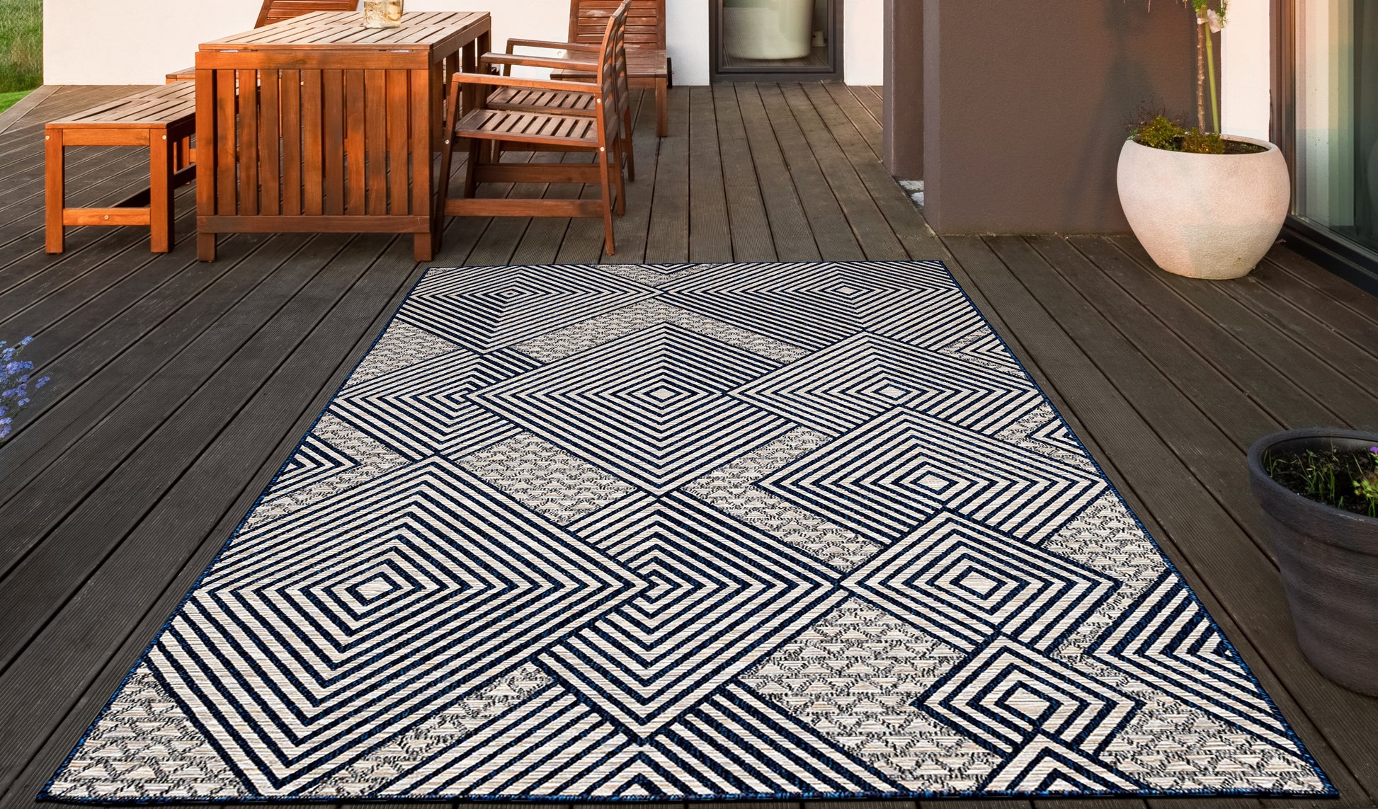 Easy Rugs Knox Modern Geometric Navy Blue Grey Indoor Outdoor Rug